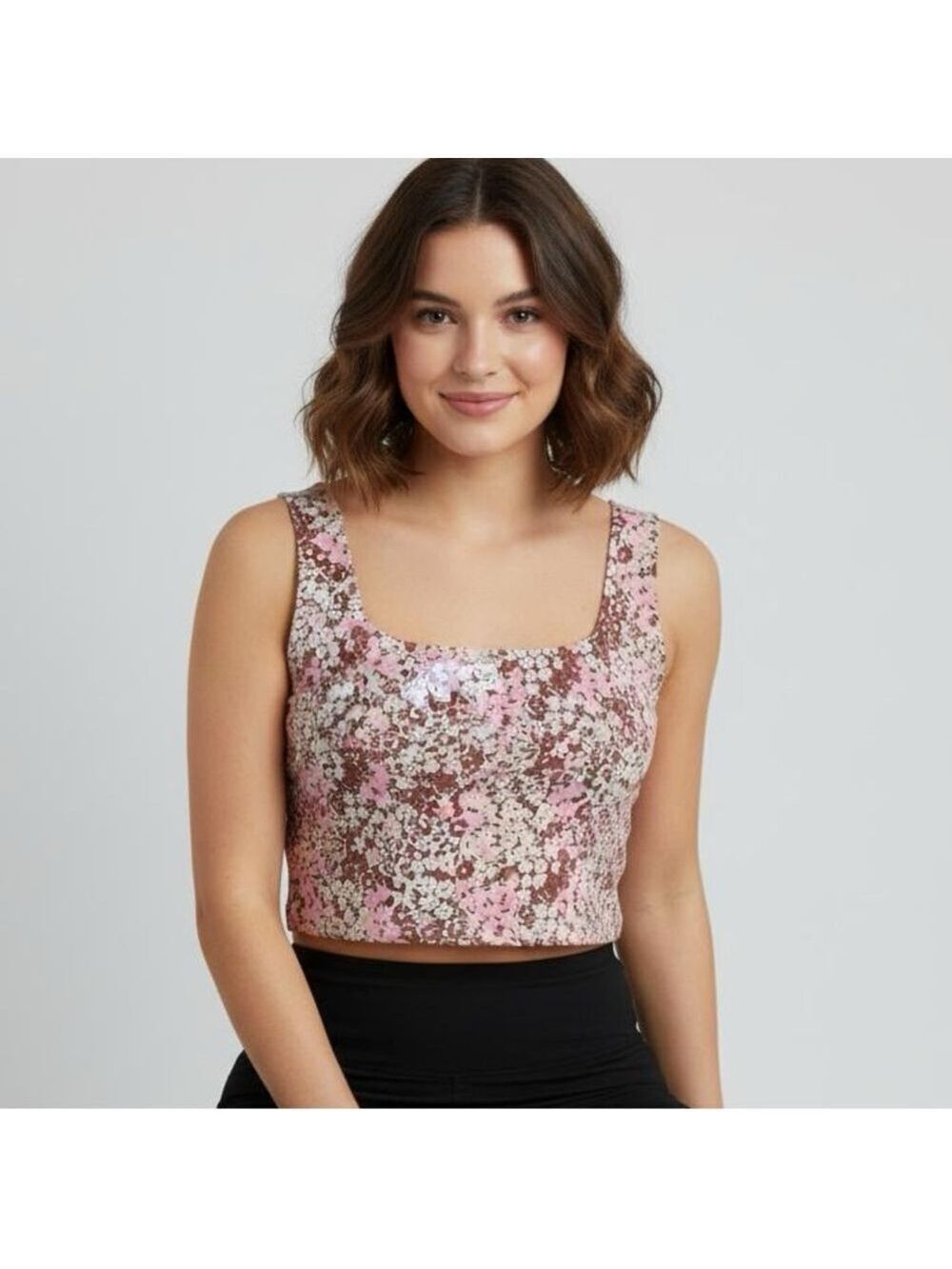 Lou & Grey Athletic Floral Crop Top Tank Large Pink Brown Cottagecore Stretchy